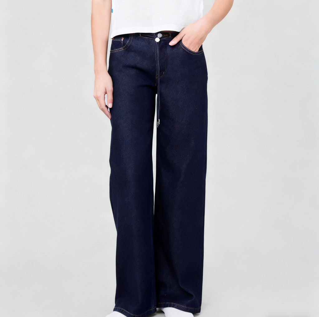 Low Rise Wide Leg Drawstring Jeans - Darkblue