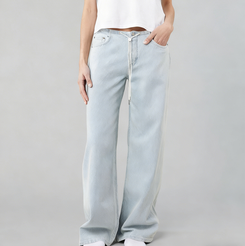 Low Rise Wide Leg Drawstring Jeans - Lightblue