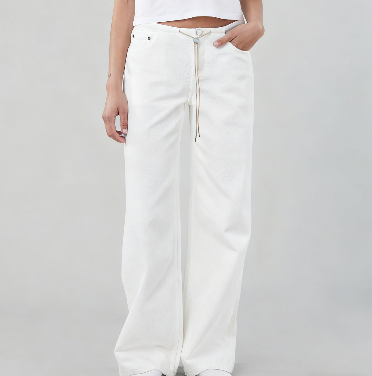 Low Rise Wide Leg Drawstring Jeans - White