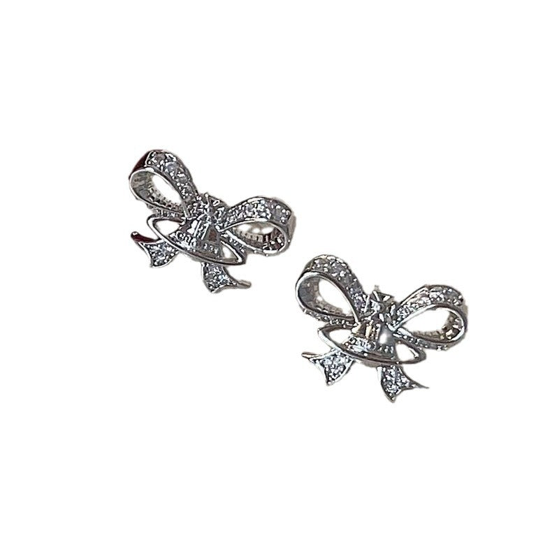 Crystal Pave Ribbon Bow Stud Earrings - Silver
