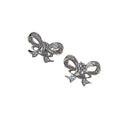 Crystal Pave Ribbon Bow Stud Earrings - Silver