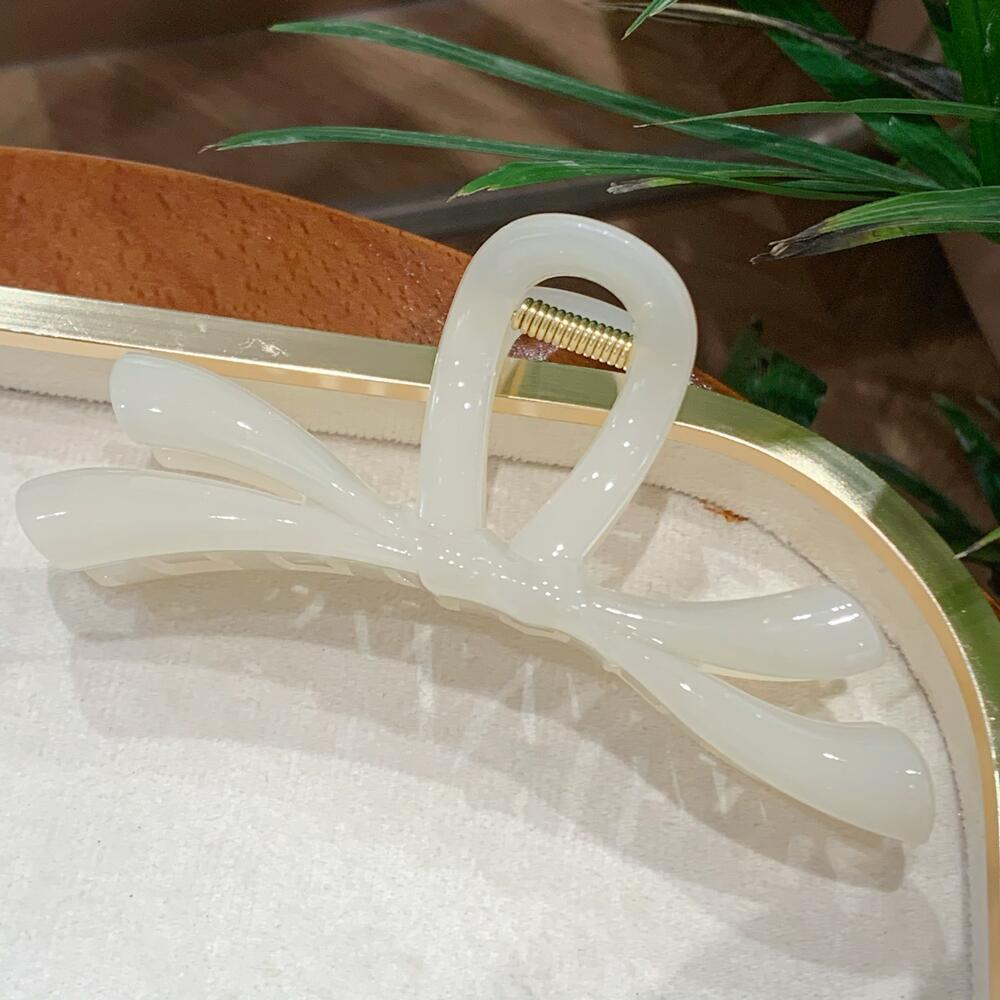 Glossy Ribbon Bow Hair Claw Clip - Offwhite