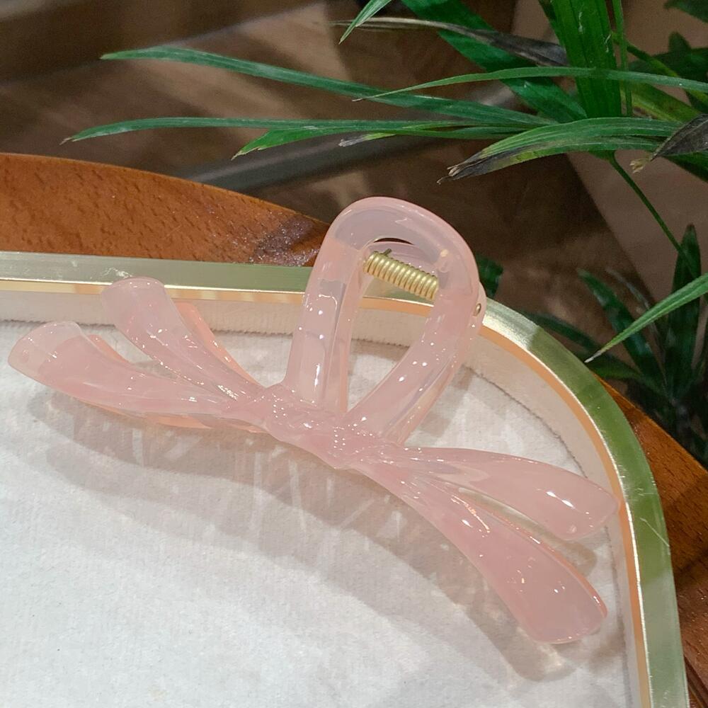 Glossy Ribbon Bow Hair Claw Clip - Pink