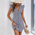 Pinstripe Cap Sleeve Mini Dress With Buttons - Black