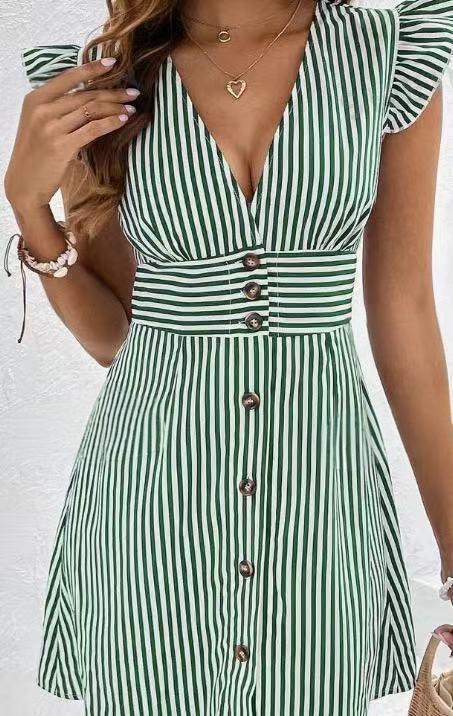 Pinstripe Cap Sleeve Mini Dress With Buttons - Green