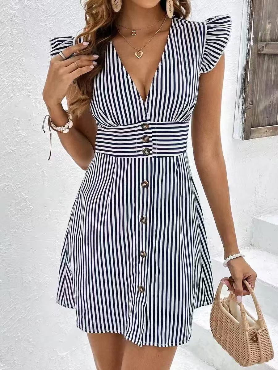 Pinstripe Cap Sleeve Mini Dress With Buttons - Navy