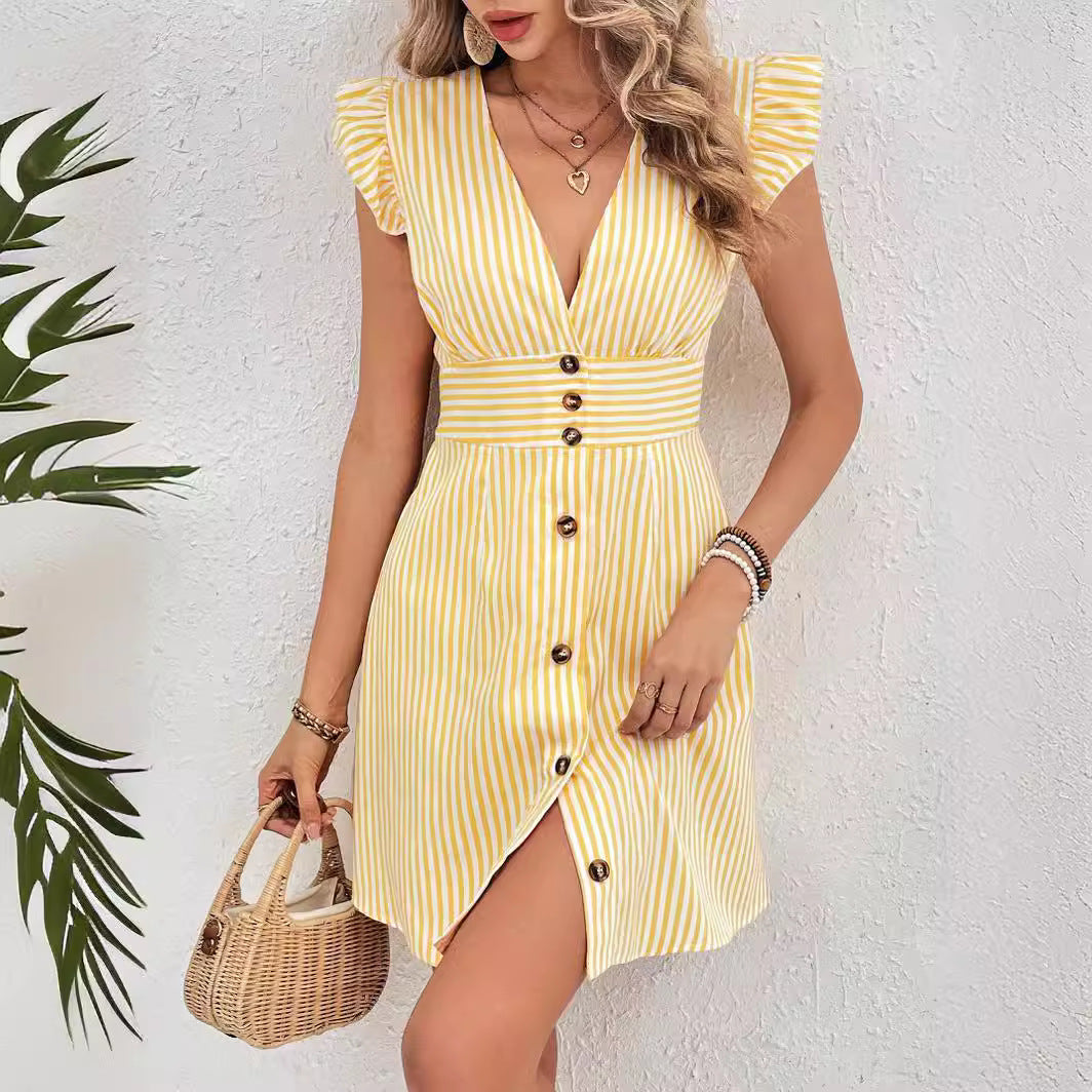 Pinstripe Cap Sleeve Mini Dress With Buttons - Yellow