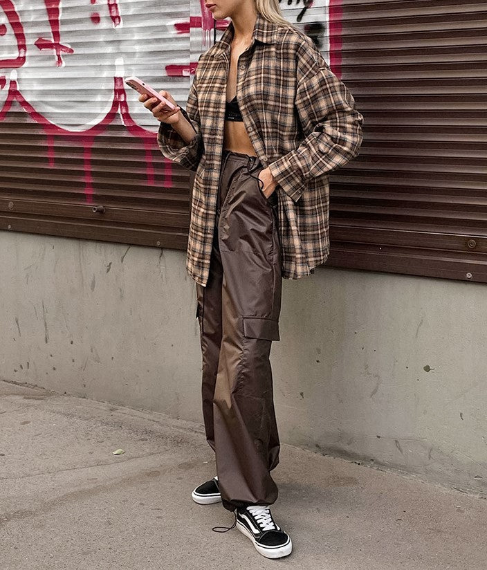 Oversized Plaid Flannel Longline Shirt - Khaki - 3