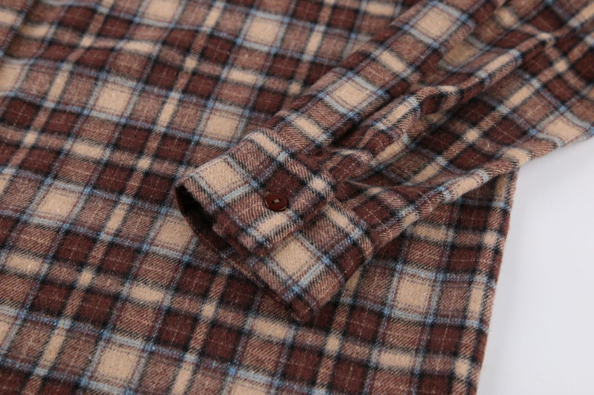 Oversized Plaid Flannel Longline Shirt - Khaki - 5