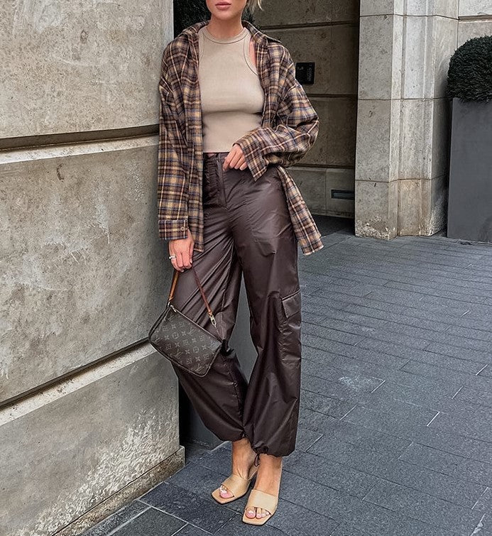 Oversized Plaid Flannel Longline Shirt - Khaki - 6