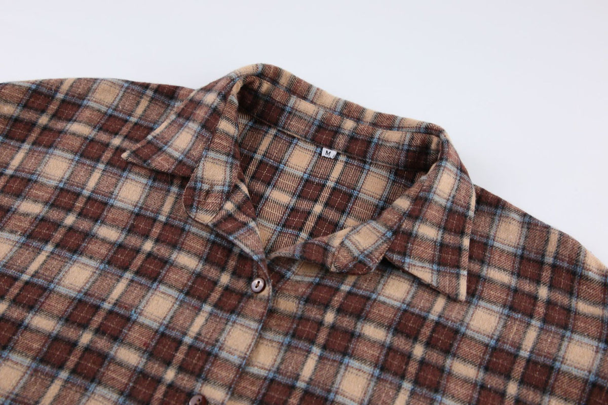 Oversized Plaid Flannel Longline Shirt - Khaki - 7
