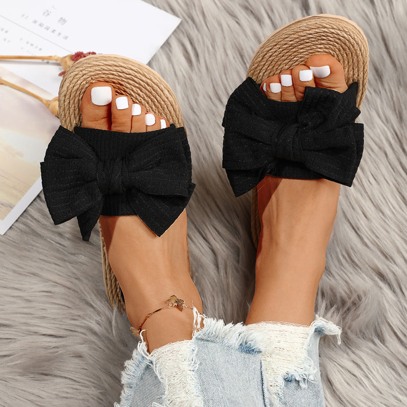 Oversized Bow Flat Sandals With Rope Sole - Black
