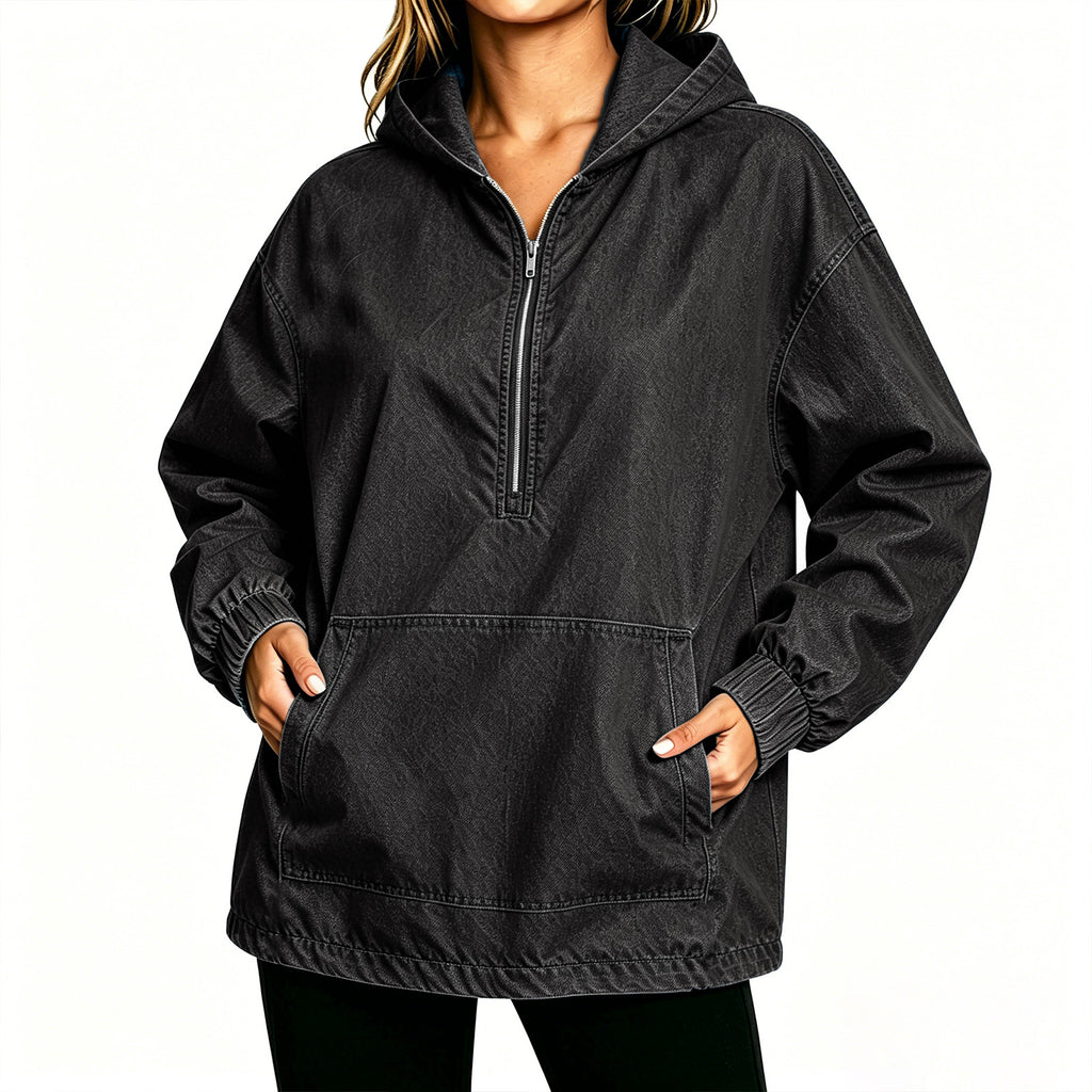 Kangaroo Pocket Denim Anorak Hoodie - Black