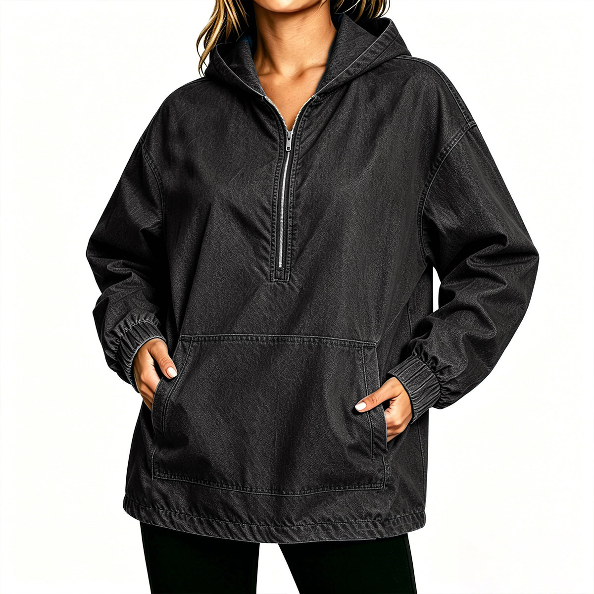 Kangaroo Pocket Denim Anorak Hoodie - Black