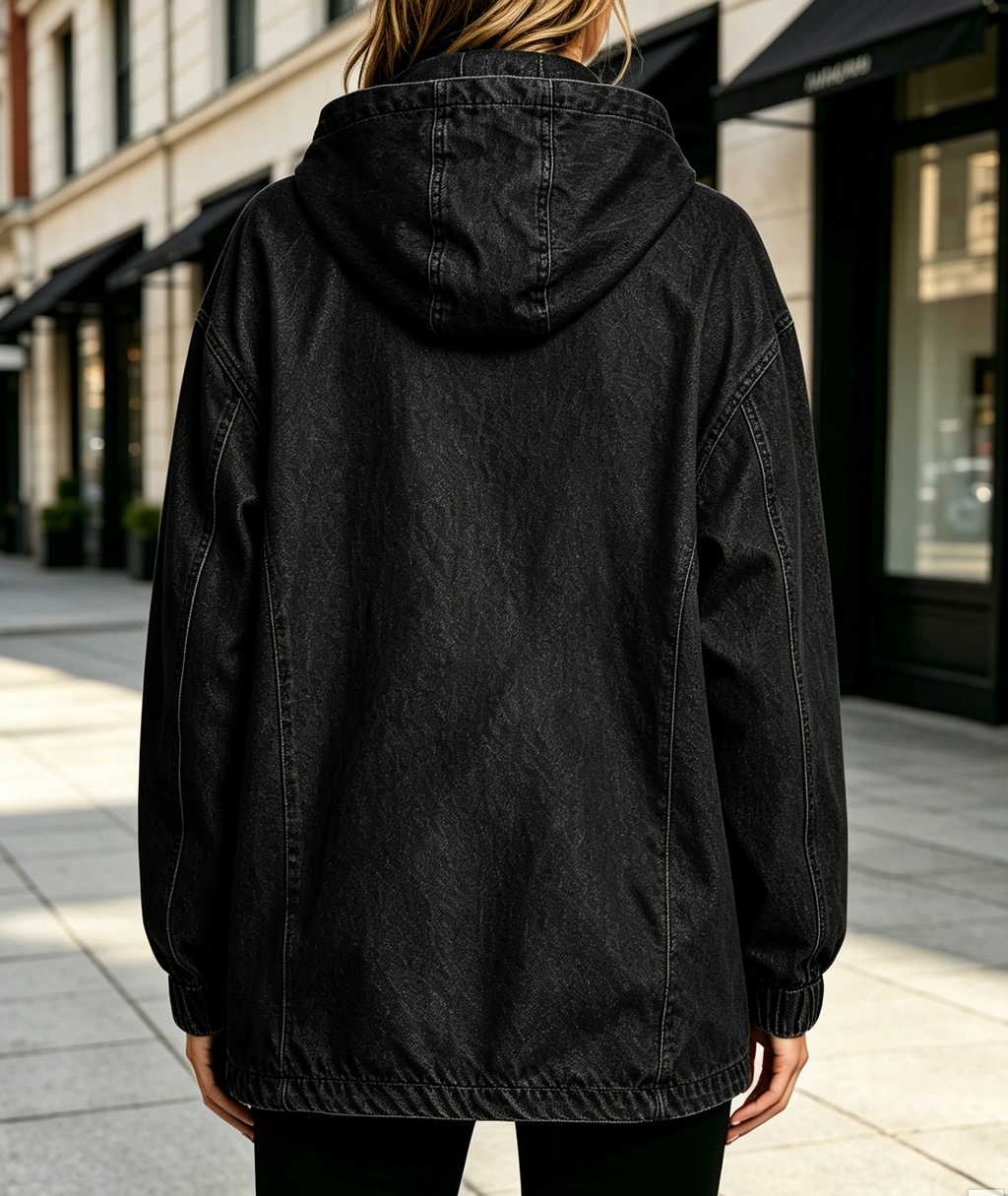 Kangaroo Pocket Denim Anorak Hoodie - Black - 1