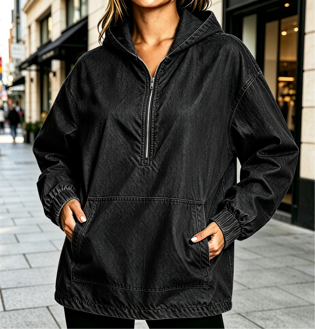 Kangaroo Pocket Denim Anorak Hoodie - Black - 2
