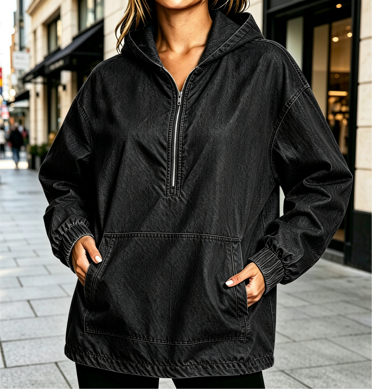 Kangaroo Pocket Denim Anorak Hoodie - Black - 2