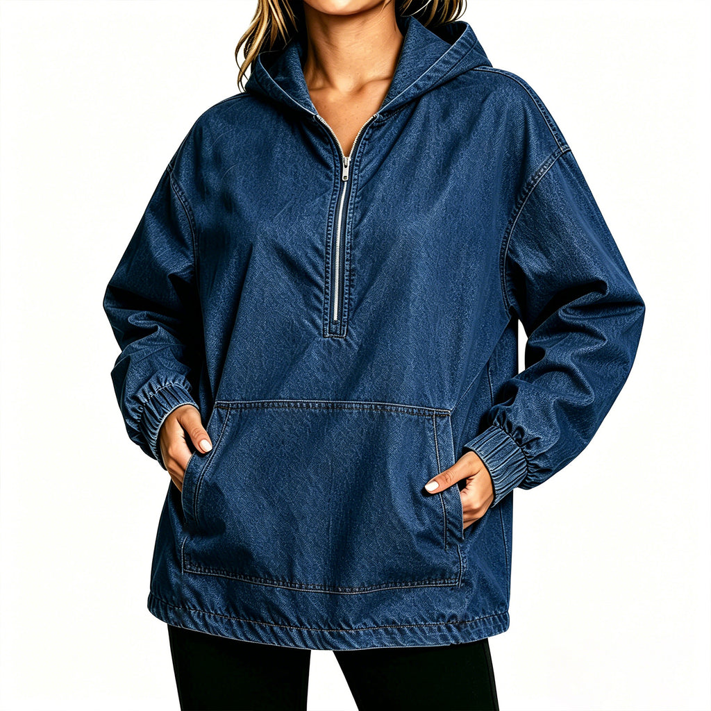 Kangaroo Pocket Denim Anorak Hoodie - DarkBlue