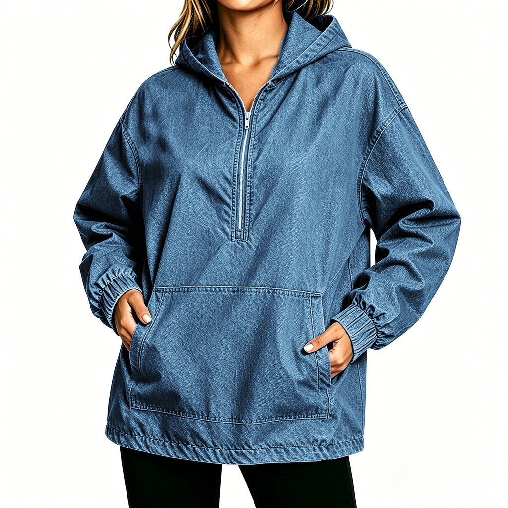Kangaroo Pocket Denim Anorak Hoodie - MBlue