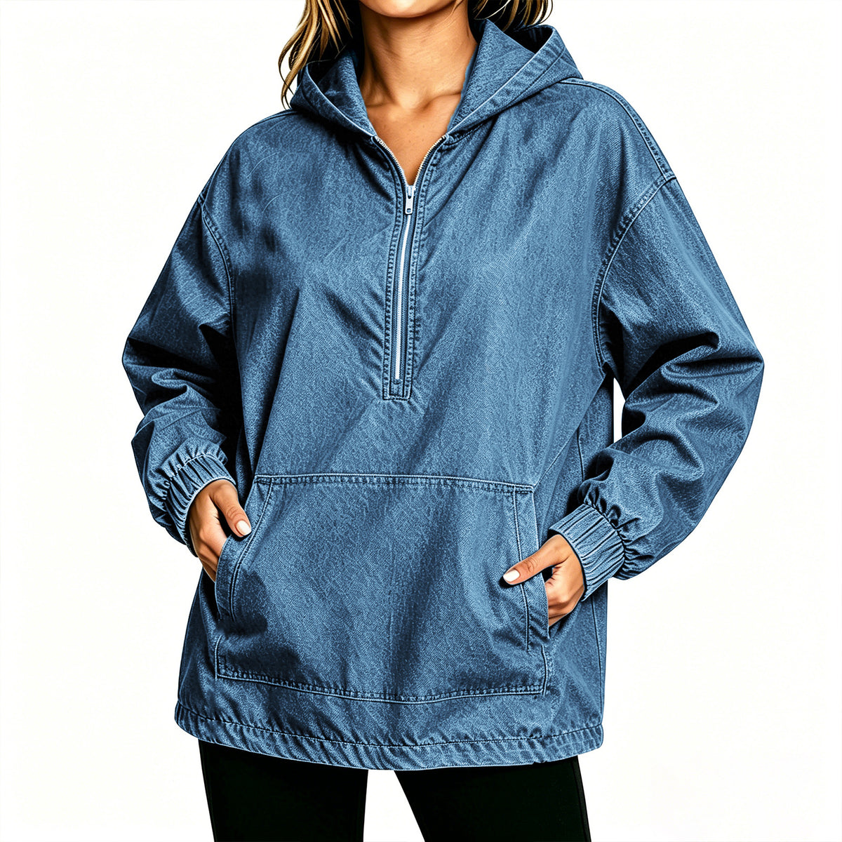 Kangaroo Pocket Denim Anorak Hoodie - MBlue