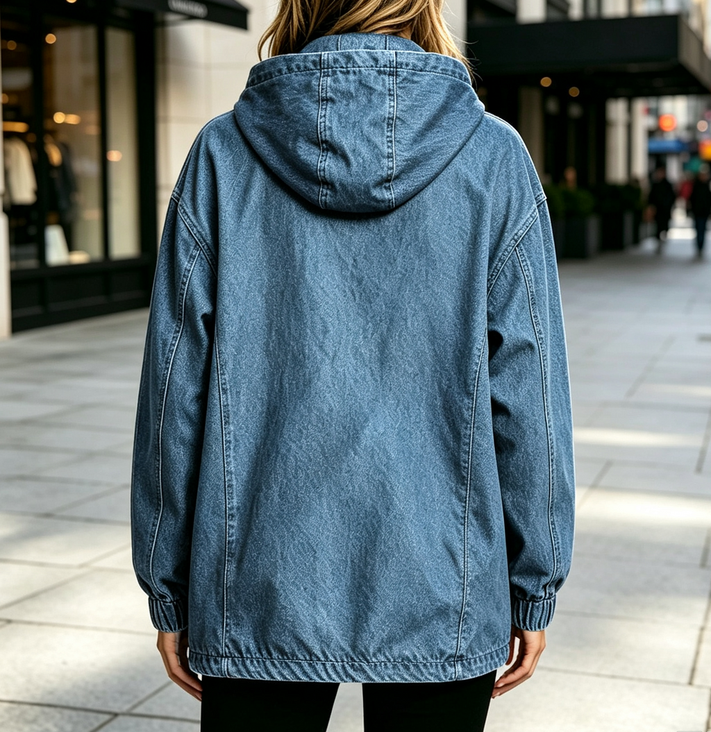 Kangaroo Pocket Denim Anorak Hoodie - MBlue - 1