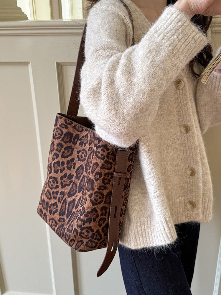 Faux Suede Bucket Tote with Belted Strap - Bold Leopard