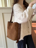Faux Suede Bucket Tote with Belted Strap - Brown