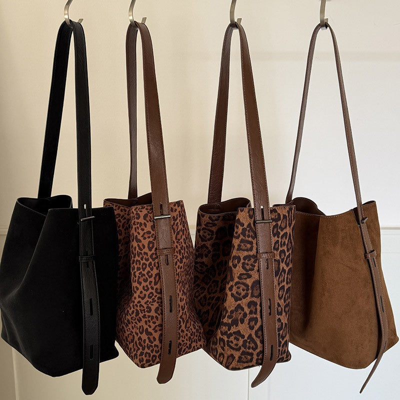 Faux Suede Bucket Tote with Belted Strap