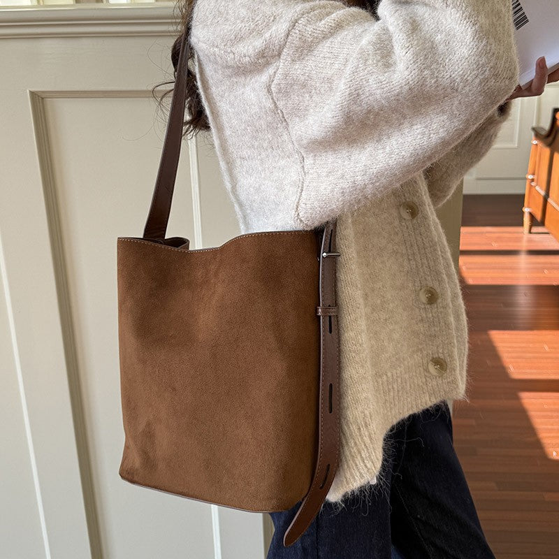Faux Suede Bucket Tote with Belted Strap