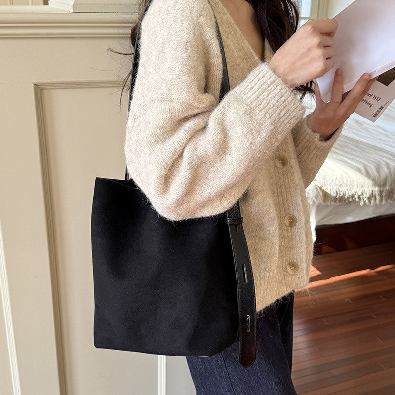 Faux Suede Bucket Tote with Belted Strap