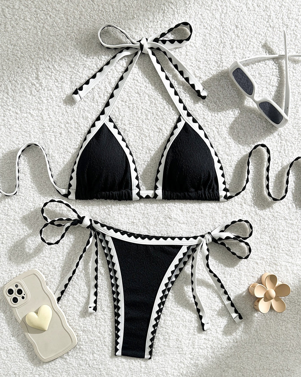 Whipstitch Trim Triangle Bikini Set - Black