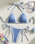 Whipstitch Trim Triangle Bikini Set - Blue