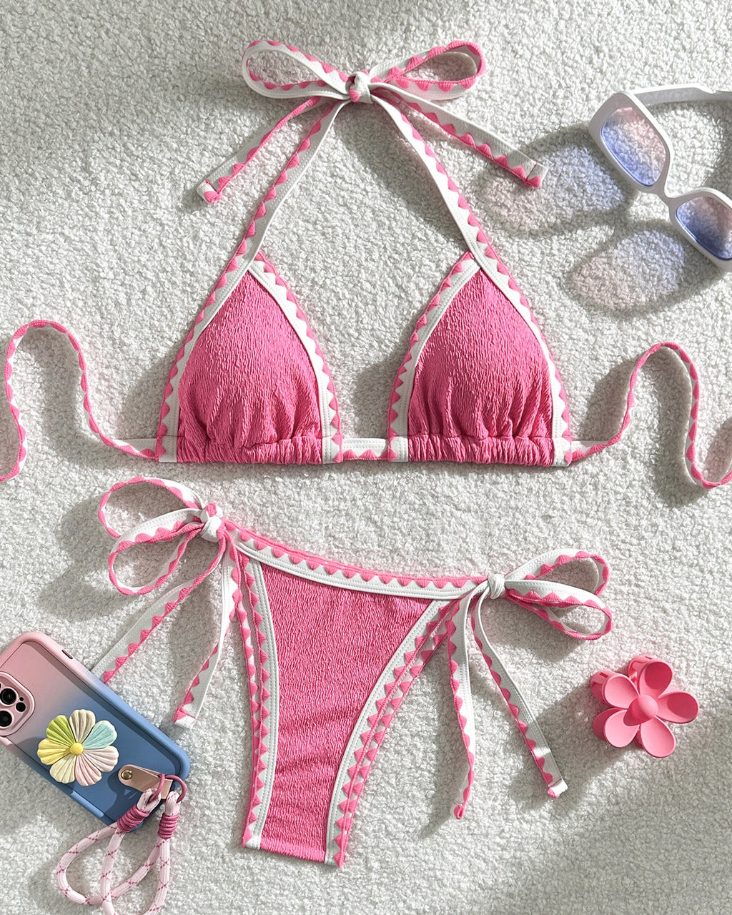Whipstitch Trim Triangle Bikini Set - Pink
