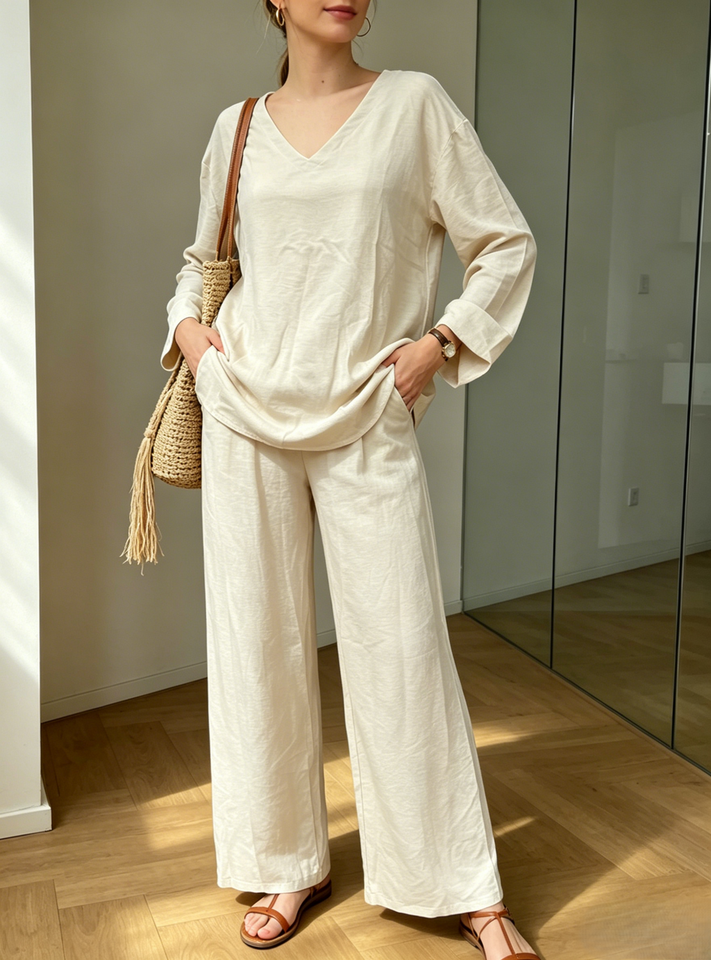 Relaxed Tunic Top And Wide Leg Pant Set - Beige