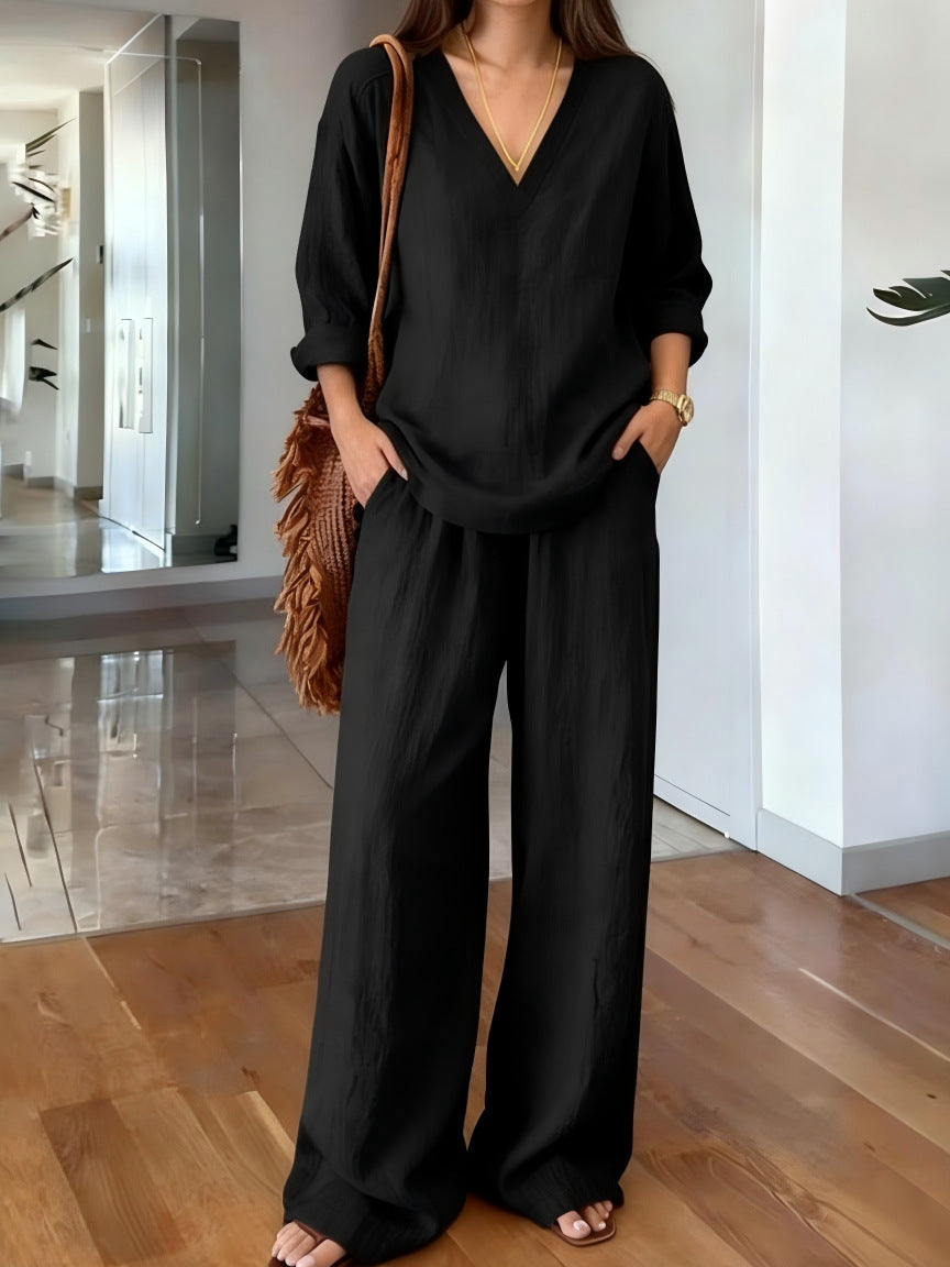 Relaxed Tunic Top And Wide Leg Pant Set - Black