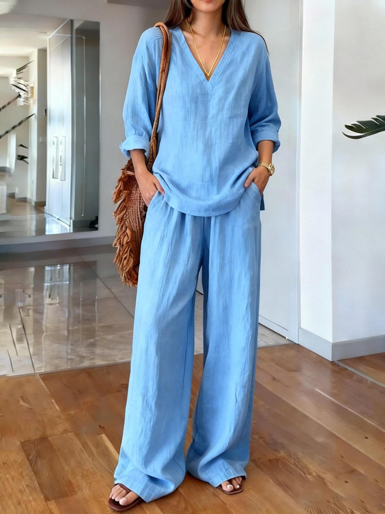 Relaxed Tunic Top And Wide Leg Pant Set - Blue