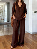 Relaxed Tunic Top And Wide Leg Pant Set - Coffee