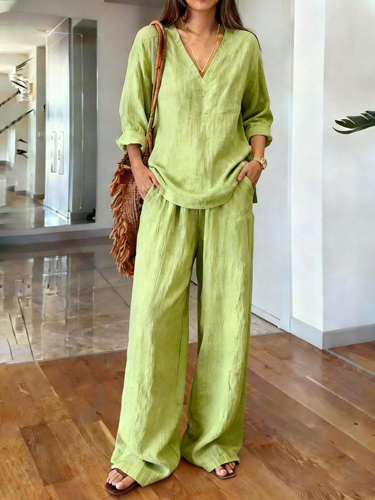 Relaxed Tunic Top And Wide Leg Pant Set - Green