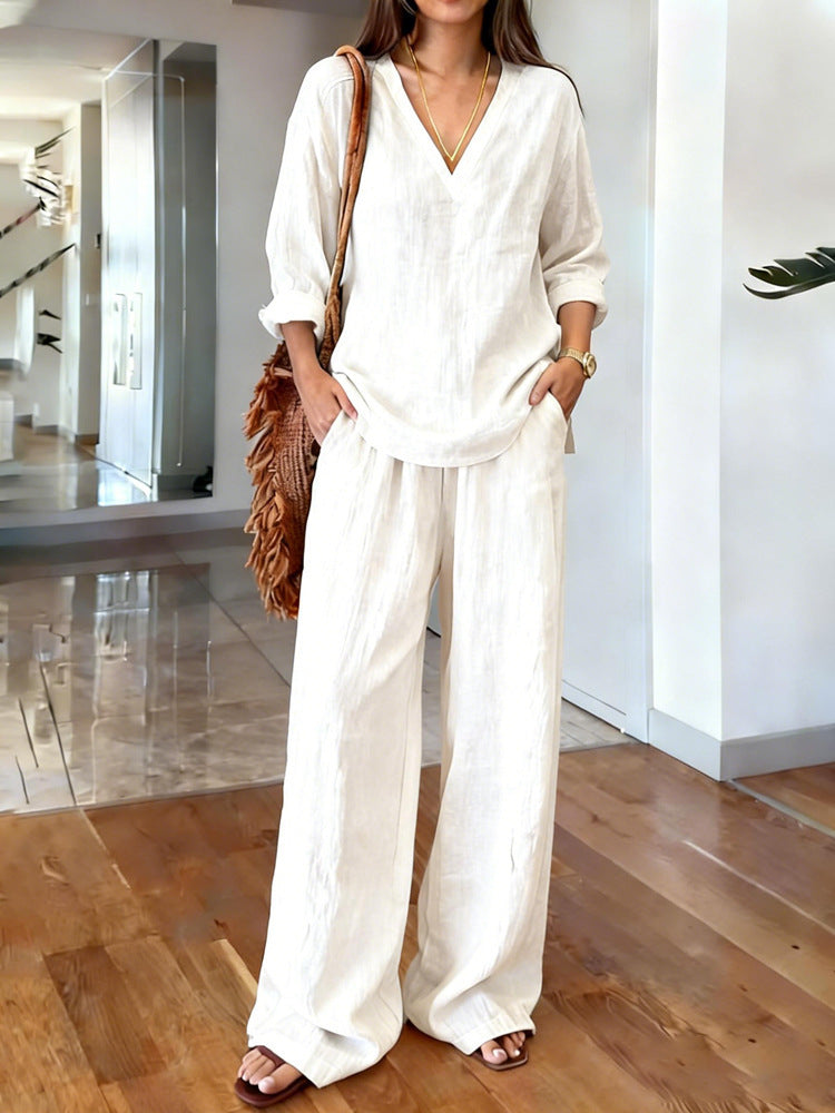 Relaxed Tunic Top And Wide Leg Pant Set - White