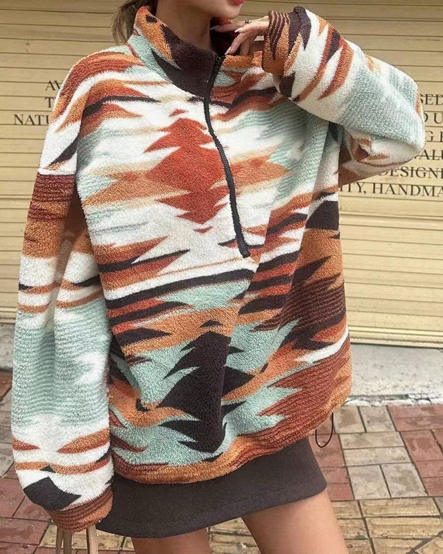 Half Zip Geometric Print Fleece Sweatshirt - Orange - 1