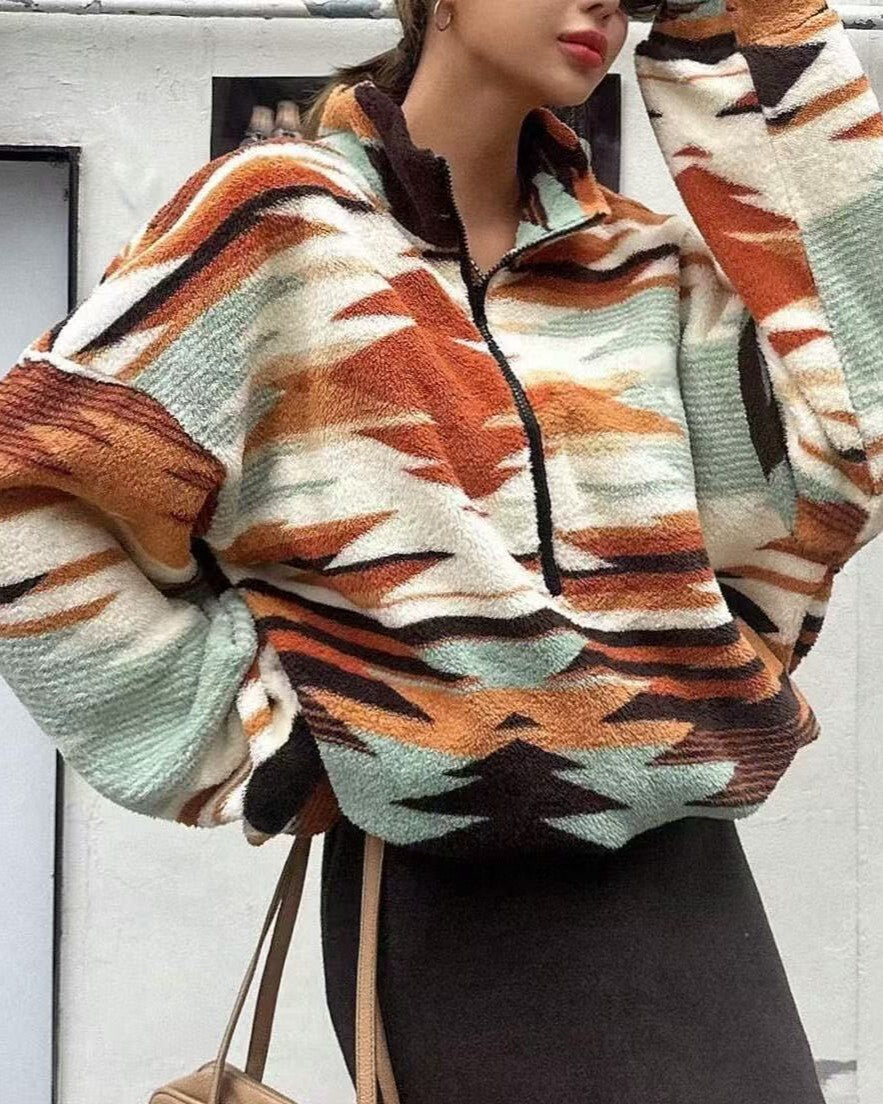 Half Zip Geometric Print Fleece Sweatshirt - Orange - 2