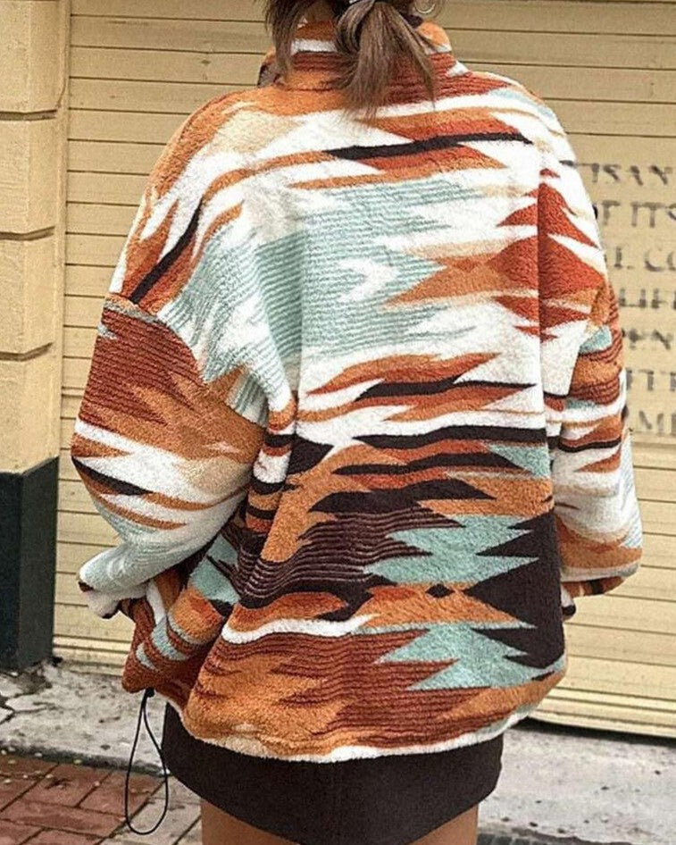 Half Zip Geometric Print Fleece Sweatshirt - Orange - 3