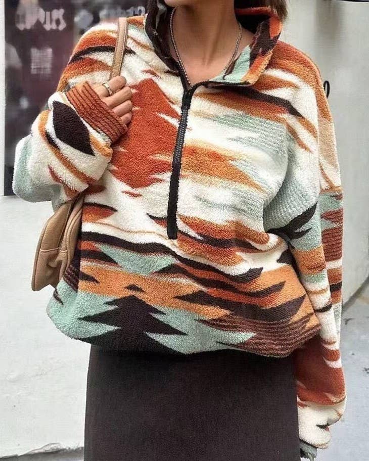 Half Zip Geometric Print Fleece Sweatshirt