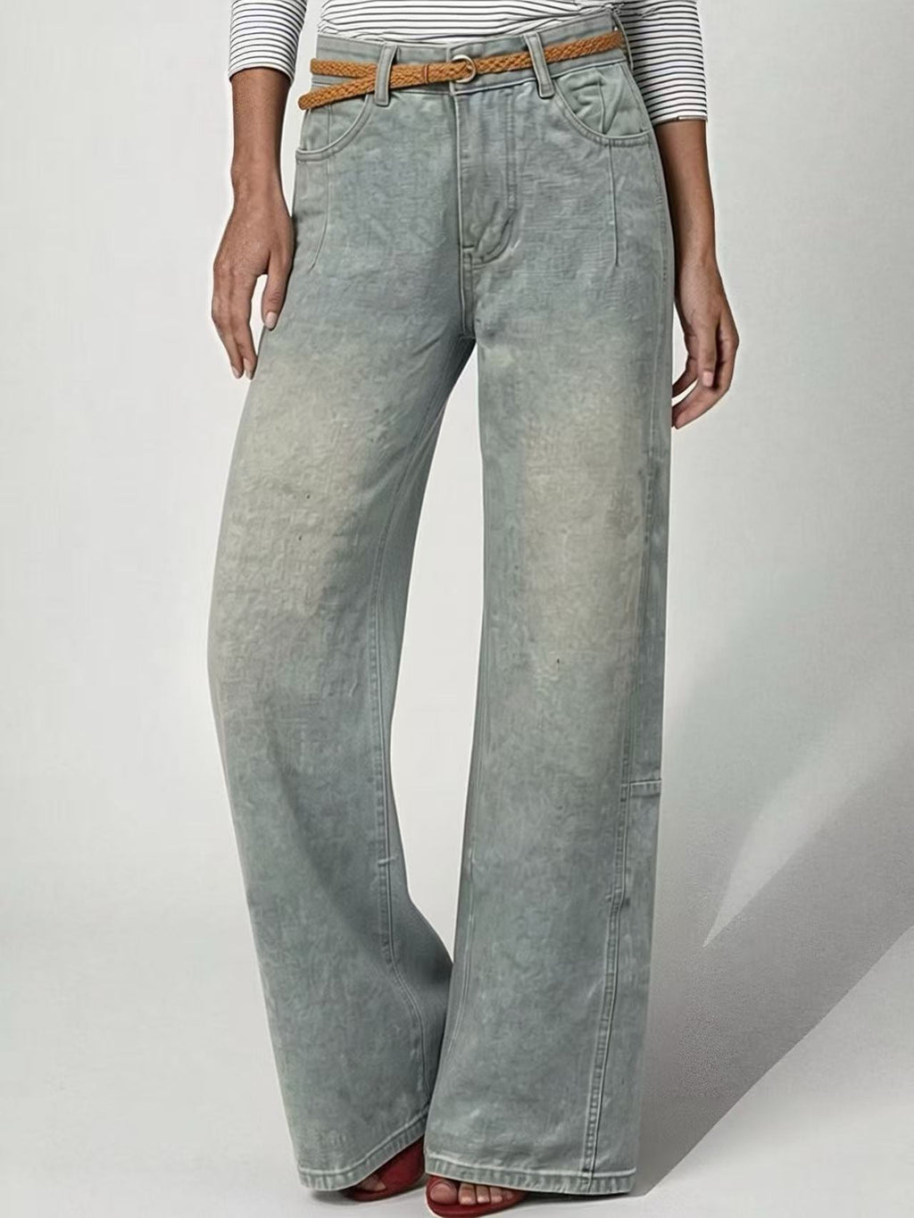 Vintage Wash Loose Straight Leg Jeans - Blue