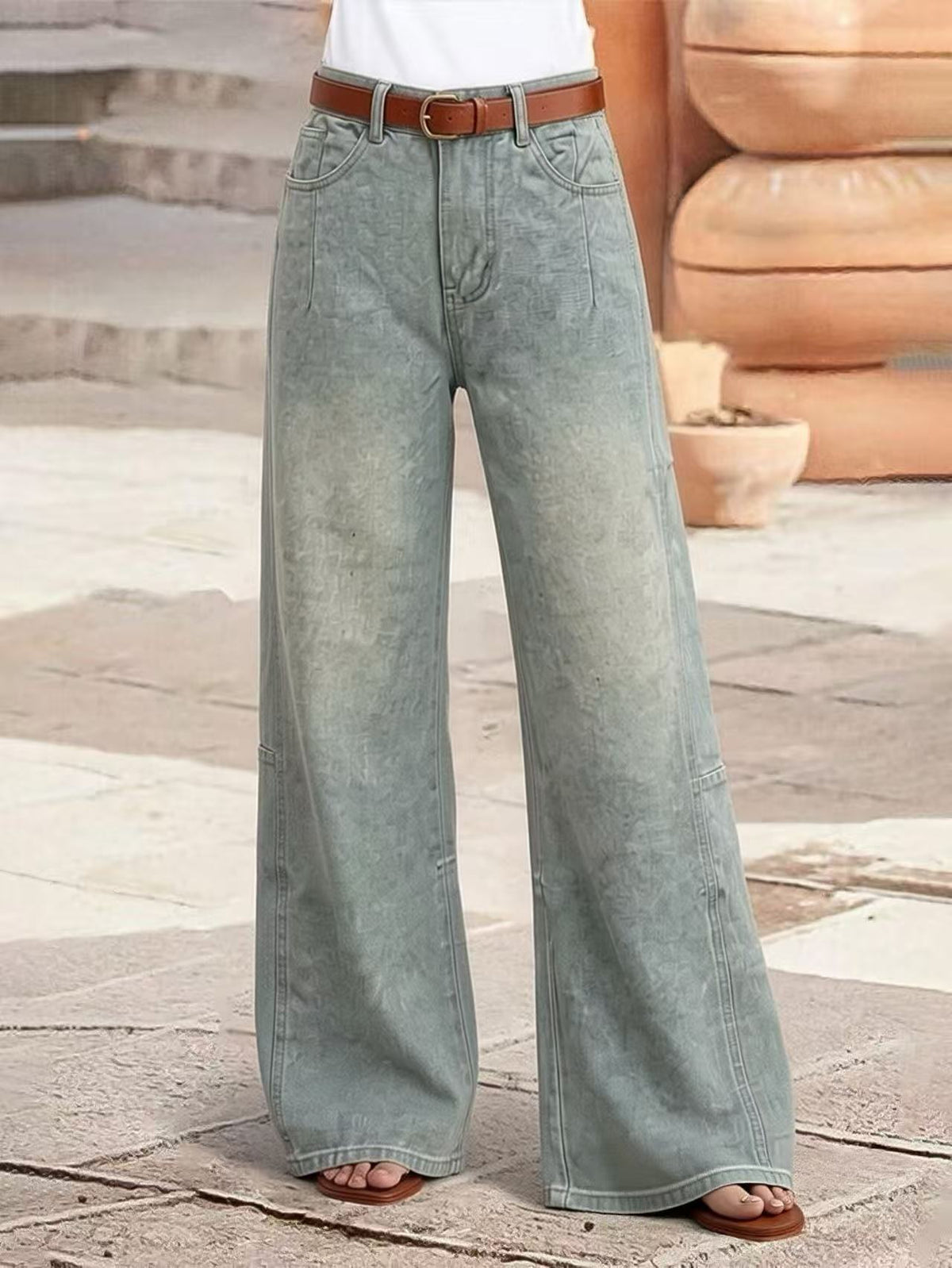 Vintage Wash Loose Straight Leg Jeans - Blue - 2
