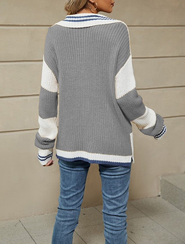 Colorblock Stripe Polo Collar Knit Sweater - Grey - 2