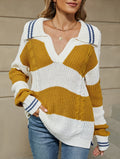 Colorblock Stripe Polo Collar Knit Sweater - Yellow