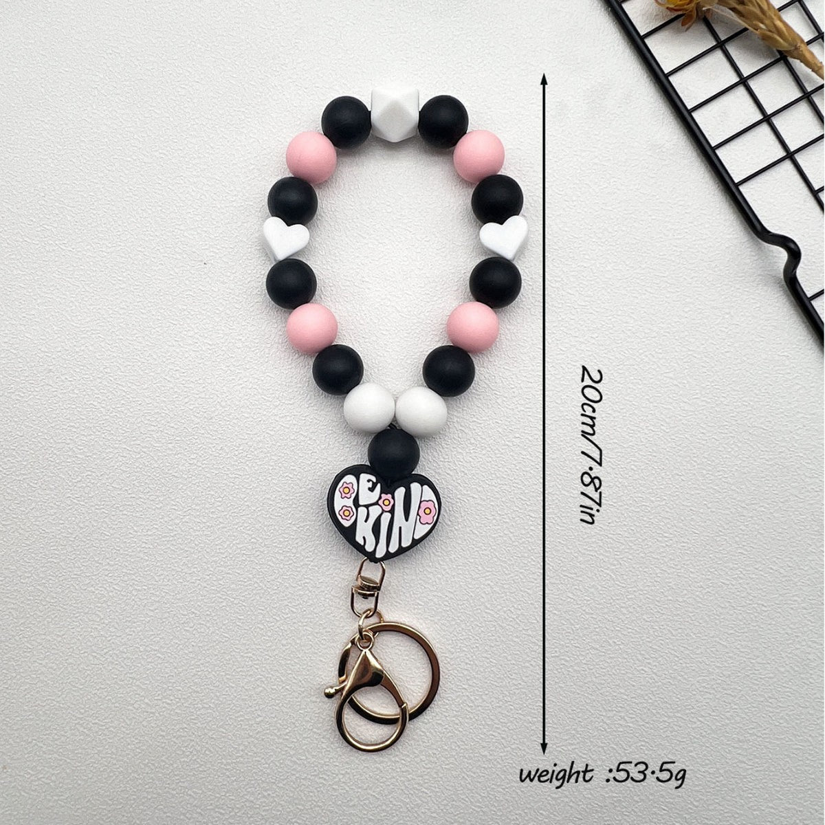 Heart Charm Beaded Bangle Keychain - Black