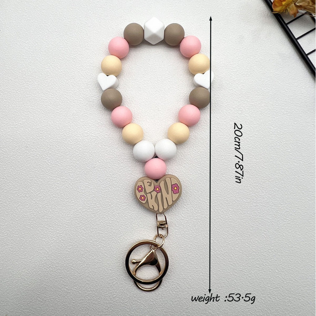 Heart Charm Beaded Bangle Keychain - Coffee