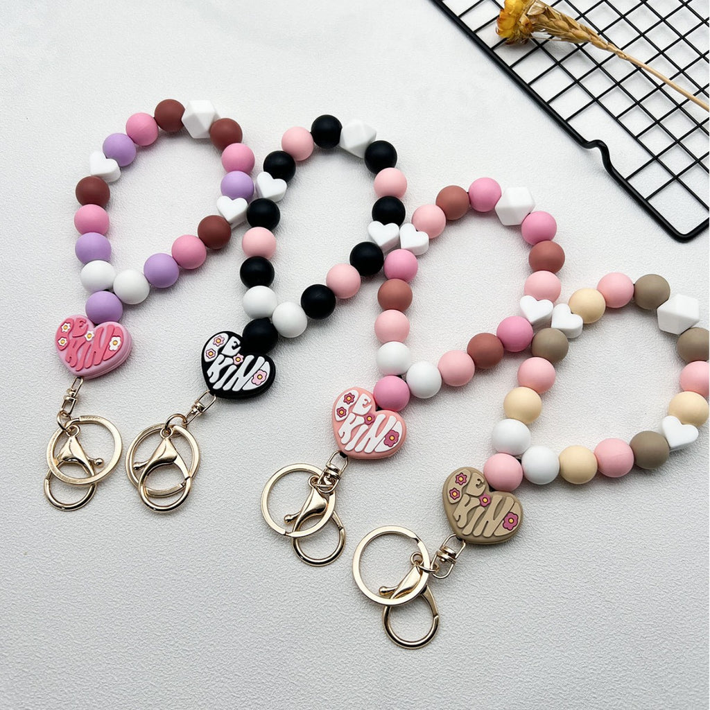 Heart Charm Beaded Bangle Keychain - Pink